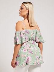 Yours Curve Green YOURS LONDON Curve Navy Blue Floral Print Cold Shoulder Top - Image 3 of 5