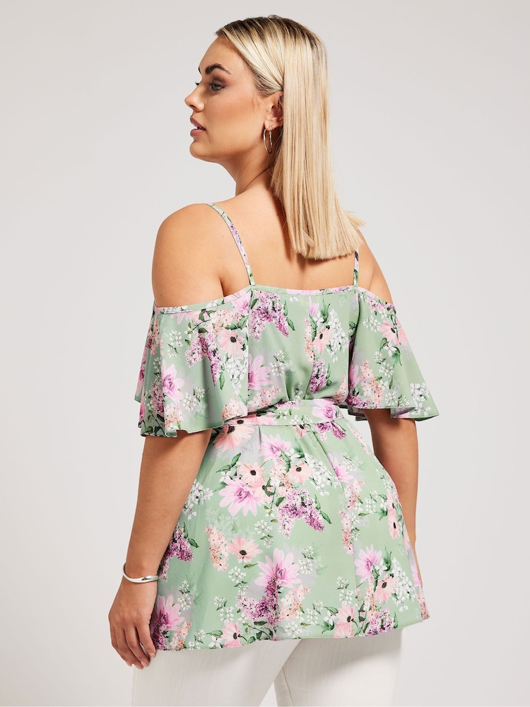 Зелений - Yours Curve Yours LONDON Curve чорно-синій квітковий принт Cold Shoulder Top - Image 3 of 5