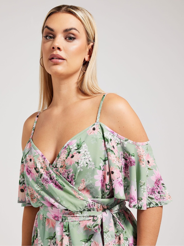 Зелений - Yours Curve Yours LONDON Curve чорно-синій квітковий принт Cold Shoulder Top - Image 4 of 5
