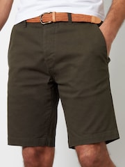 Threadbare Forest Green Cotton Stretch Turn-Up Chino Shorts with Woven Belt - Image 1 of 4