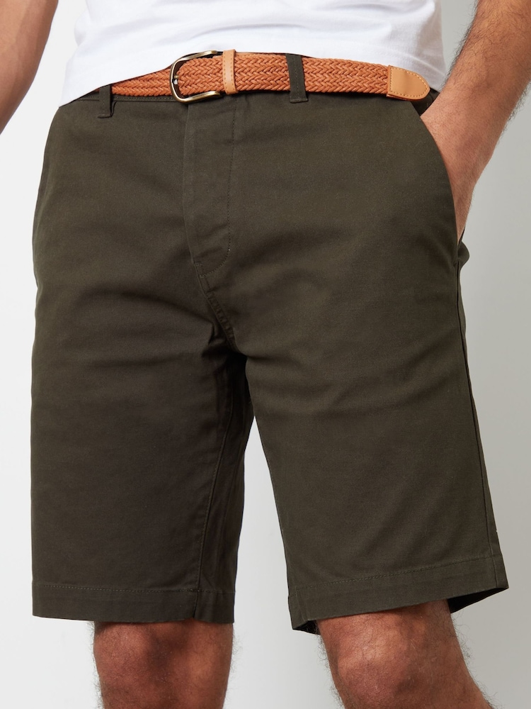 Threadbare Forest Green Cotton Stretch Turn-Up Chino Shorts with Woven Belt - Image 1 of 4