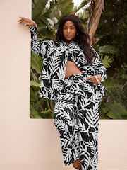 Negro - Yours Curve Leaf Print Drawstring Wide Leg Trousers - Imagen 1 de 6