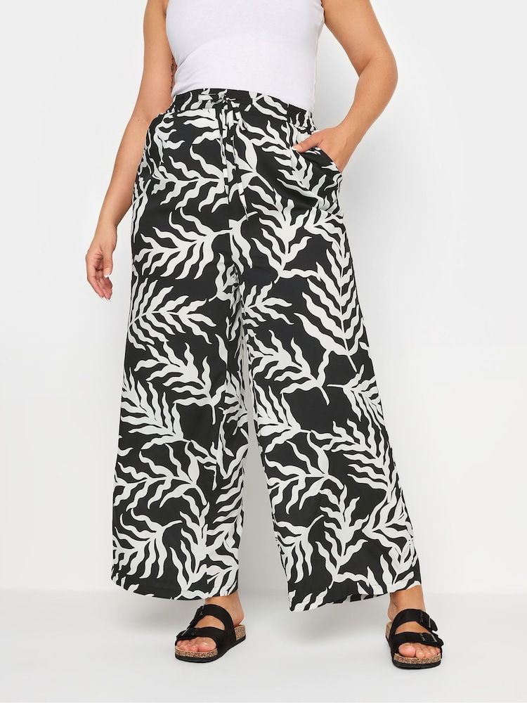 Negro - Yours Curve Leaf Print Drawstring Wide Leg Trousers - Imagen 2 de 6