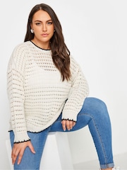 Yours Curve Cream Tipped Edge Crochet Jumper - Image 1 of 5