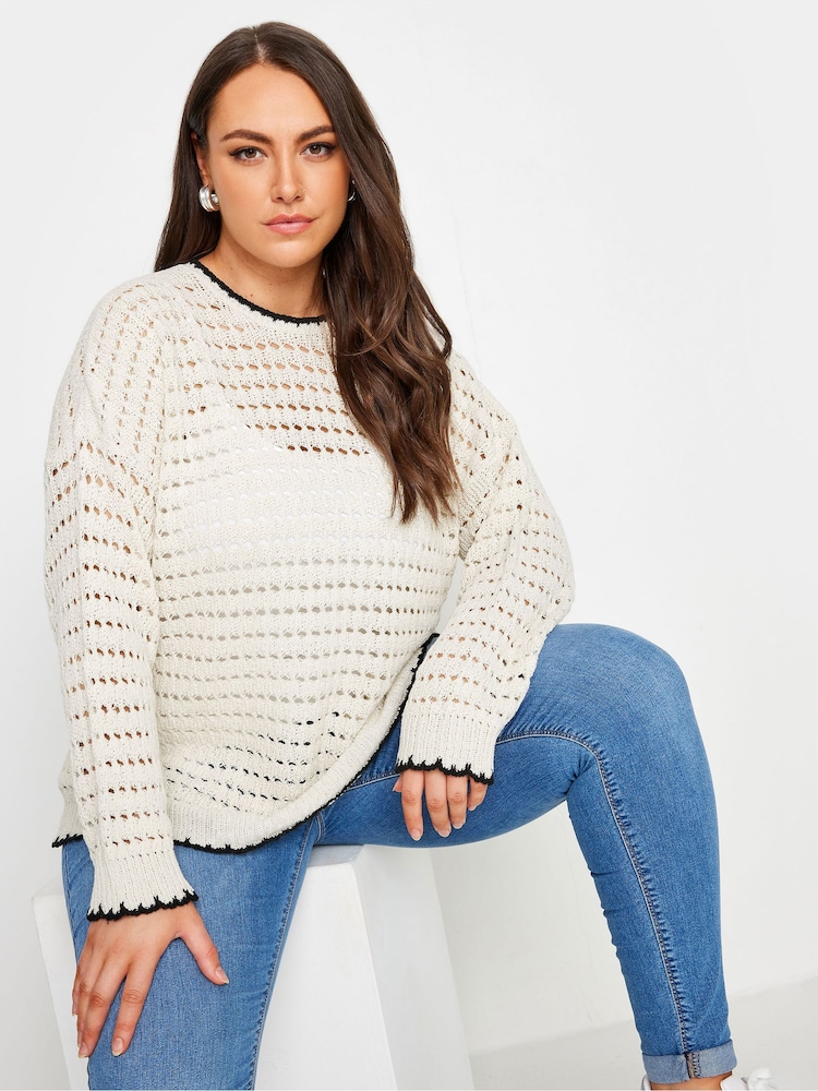 Yours Curve Cream Tipped Edge Crochet Jumper - Image 1 of 5