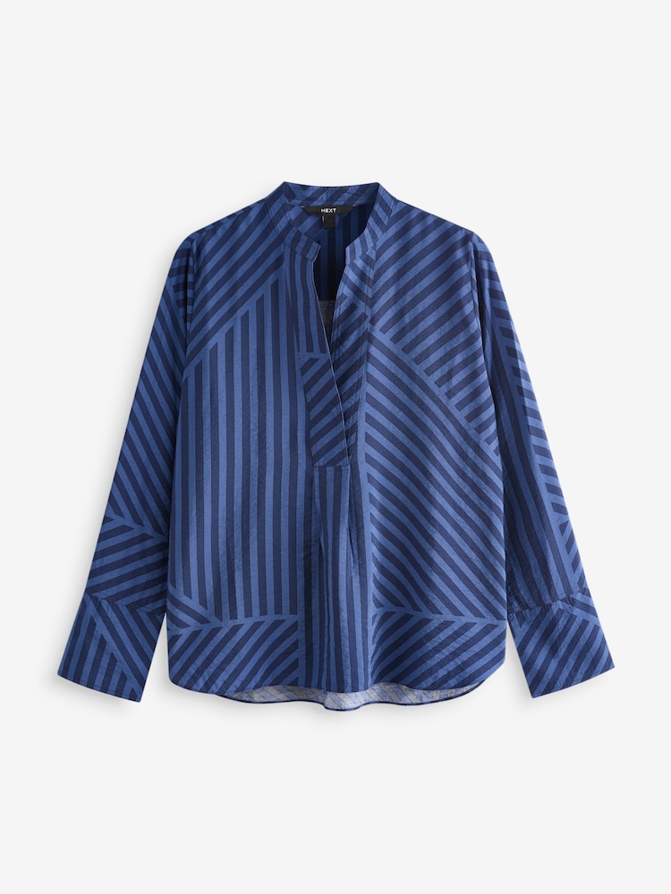Navy Spliced Stripe Long Sleeve Textured Overhead V-Neck Blouse - Image 3 of 6