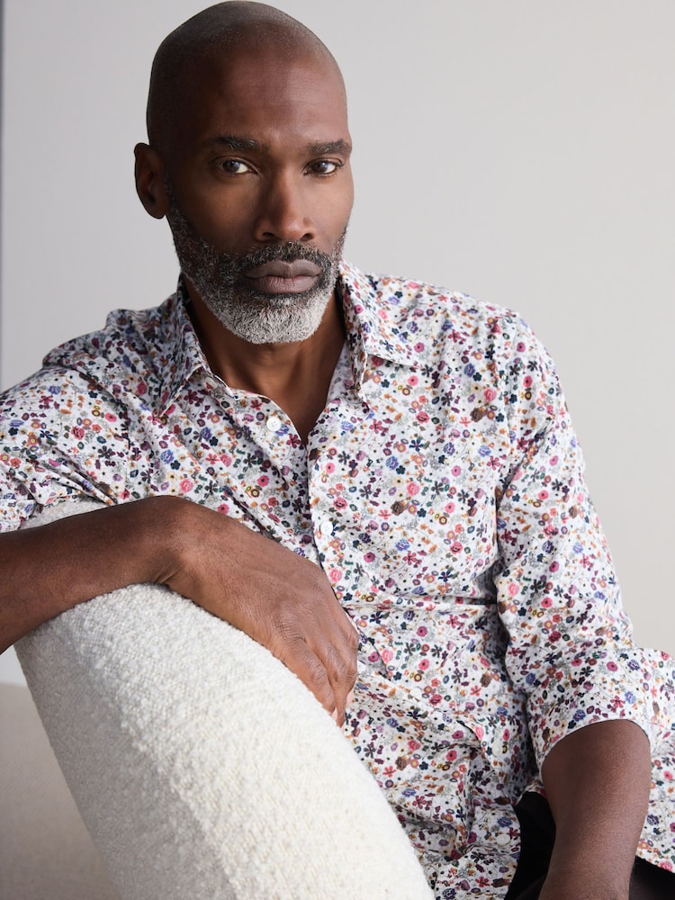 White Ditsy Floral Slim Fit Signature Single Cuff 100% Cotton Formal Shirt - Image 1 of 8