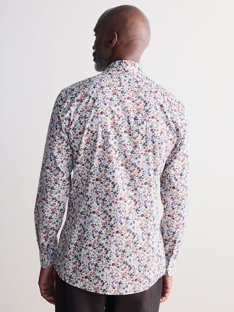 White Ditsy Floral Slim Fit Signature Single Cuff 100% Cotton Formal Shirt - Image 3 of 8