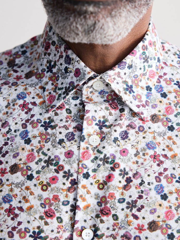 White Ditsy Floral Slim Fit Signature Single Cuff 100% Cotton Formal Shirt - Image 5 of 8