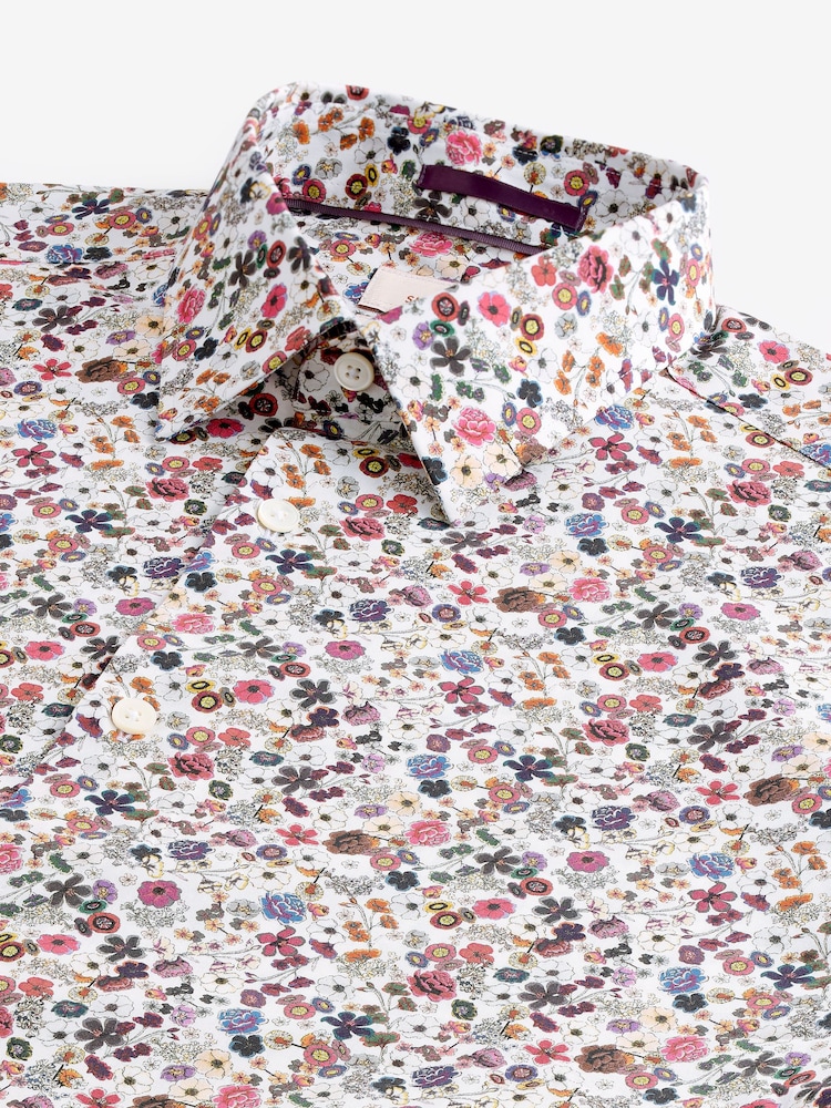 White Ditsy Floral Slim Fit Signature Single Cuff 100% Cotton Formal Shirt - Image 7 of 8