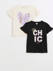 River Island Black Girls 100% Cotton Heart Frill T-Shirts 2 Pack - Image 1 of 4
