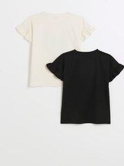 River Island Black Girls 100% Cotton Heart Frill T-Shirts 2 Pack - Image 2 of 4