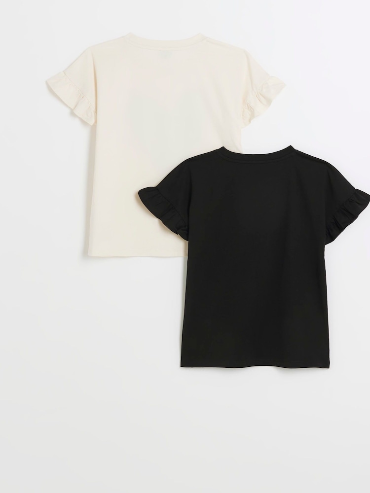 River Island Black Girls 100% Cotton Heart Frill T-Shirts 2 Pack - Image 2 of 4