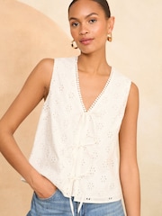 Love & Roses White Broderie Sleeveless Tie Front Top - Image 1 of 4