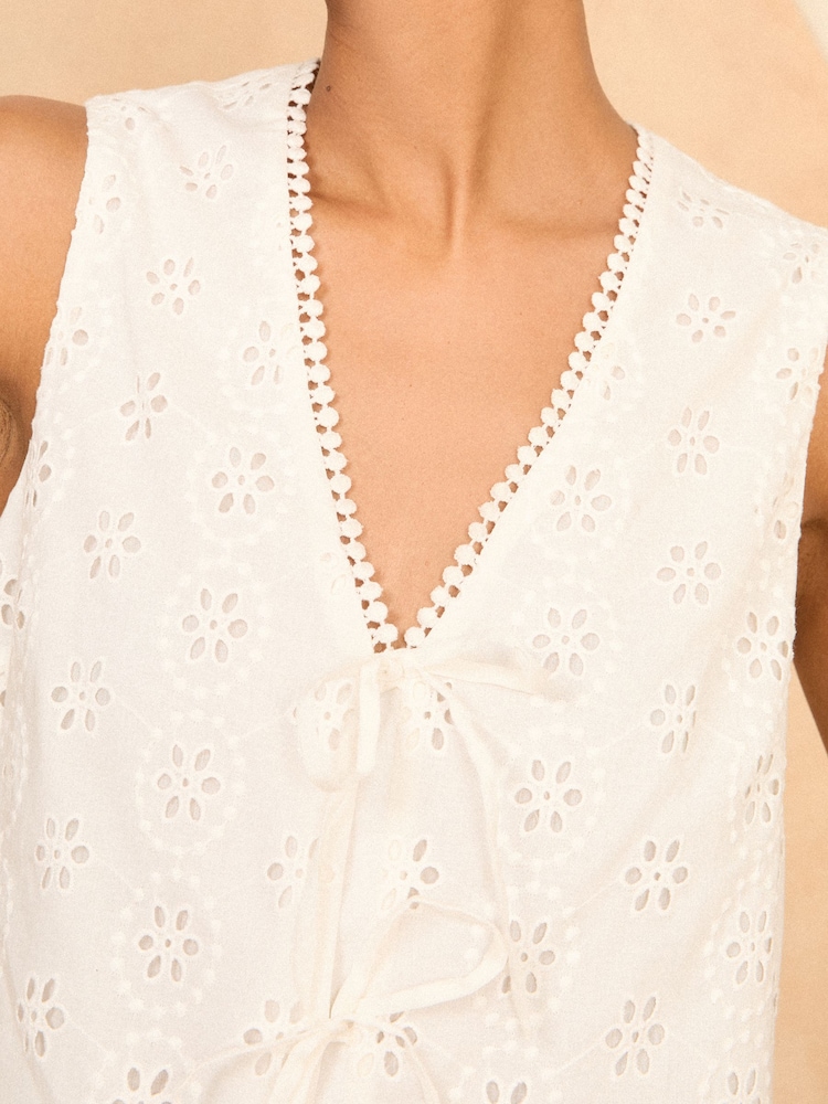 Love & Roses White Broderie Sleeveless Tie Front Top - Image 2 of 4