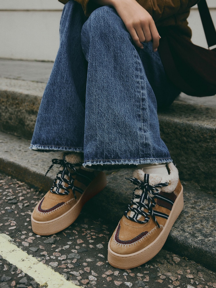 Rjava - Forever Comfort® Leather (sintetična tkanina) borg Chunky čevlji s polno peto na vezalke; z vezalkami Trainers - Slika 1 iz 9