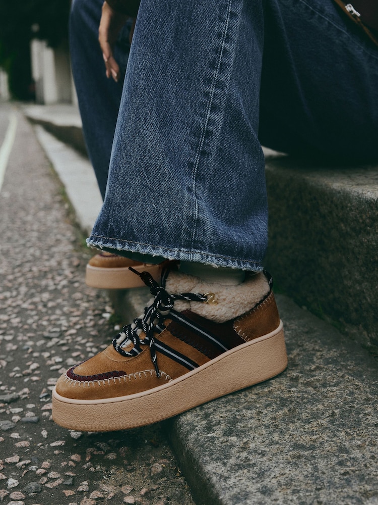 Rjava - Forever Comfort® Leather (sintetična tkanina) borg Chunky čevlji s polno peto na vezalke; z vezalkami Trainers - Slika 2 iz 9 Rjava - Forever Comfort® Leather (sintetična tkanina) borg Chunky čevlji s polno peto na vezalke; z vezalkami Trainers - Slika 2 iz 9