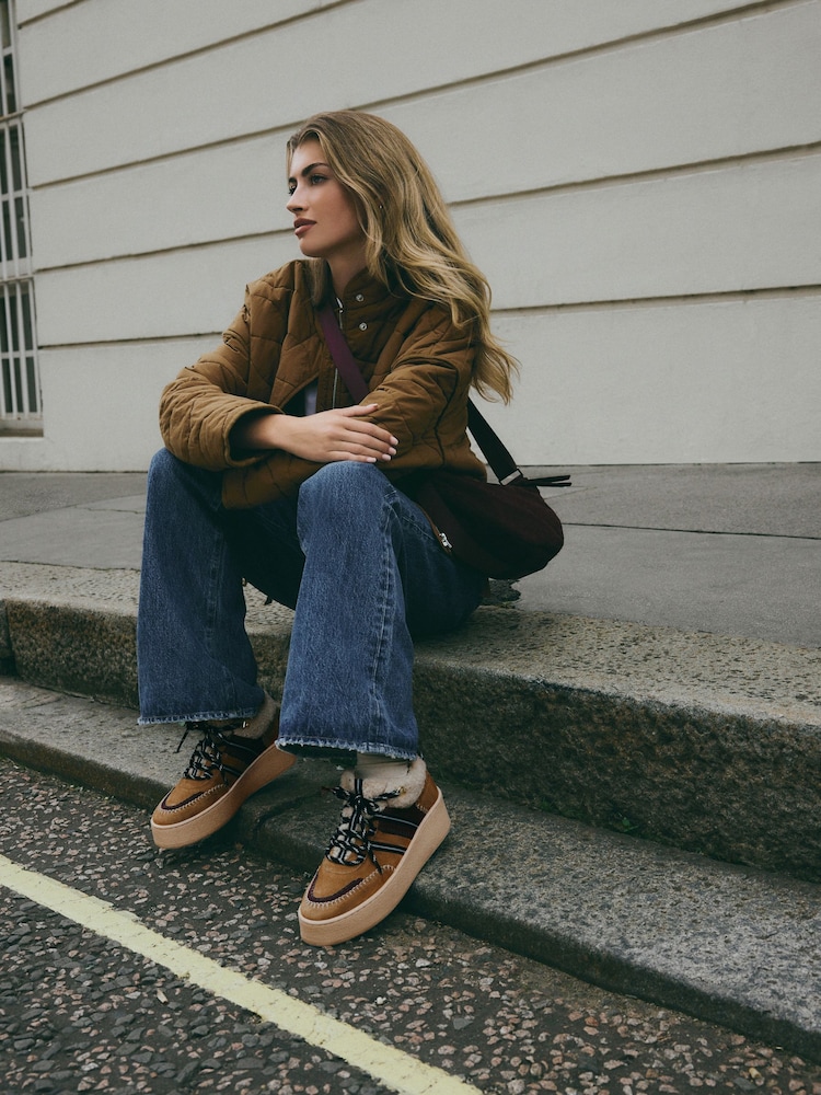 Buy Tan Brown Forever Comfort® Leather Borg Chunky Wedge Lace-Up