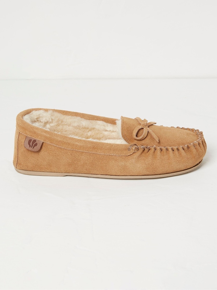 FatFace Cara Brown Suede Moccasin Slippers - Image 1 of 2 FatFace Cara Brown Suede Moccasin Slippers - Image 1 of 2