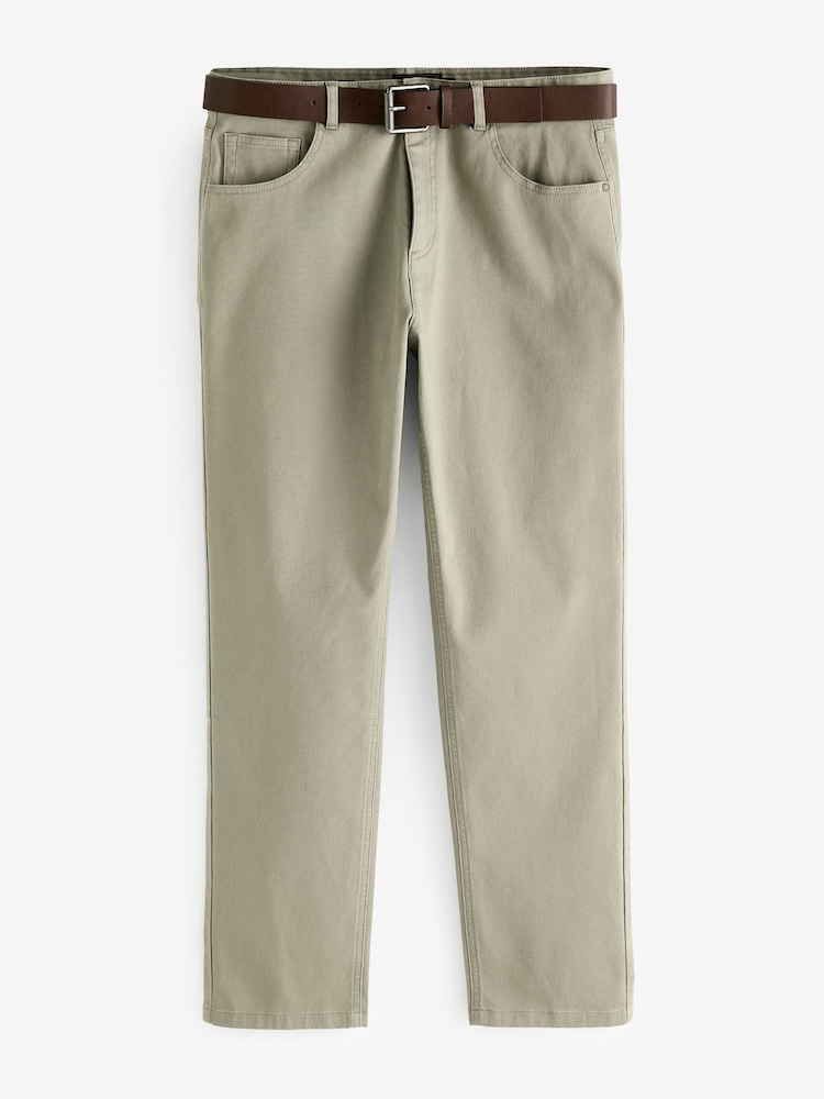 Light Stone Straight Fit Belted Textured 5 Pocket Trousers - Image 8 of 11