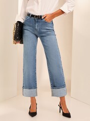 Lipsy Authentic Blue Cropped Turn Up Wide Leg Jeans - Image 1 of 4