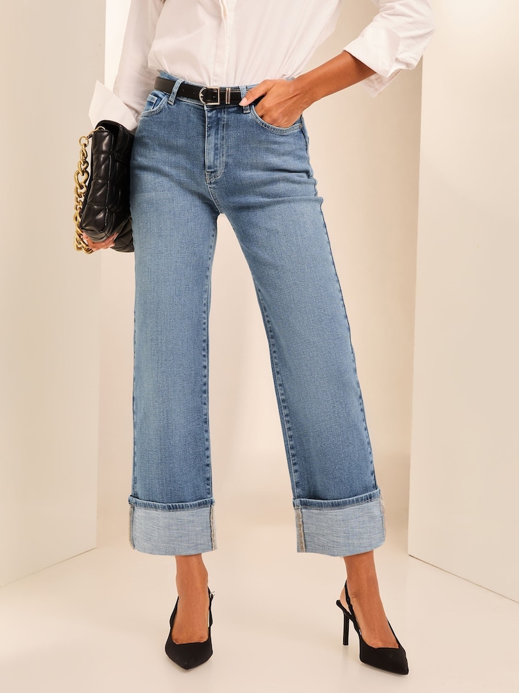 Lipsy Authentic Blue Cropped Turn Up Wide Leg Jeans - Image 1 of 4 Lipsy Authentic Blue Cropped Turn Up Wide Leg Jeans - Image 1 of 4
