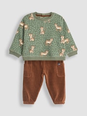 JoJo Maman Bébé Khaki Green Tiger Tiger Print Sweatshirt & Velour Cargo Jogger Set - Image 1 of 5