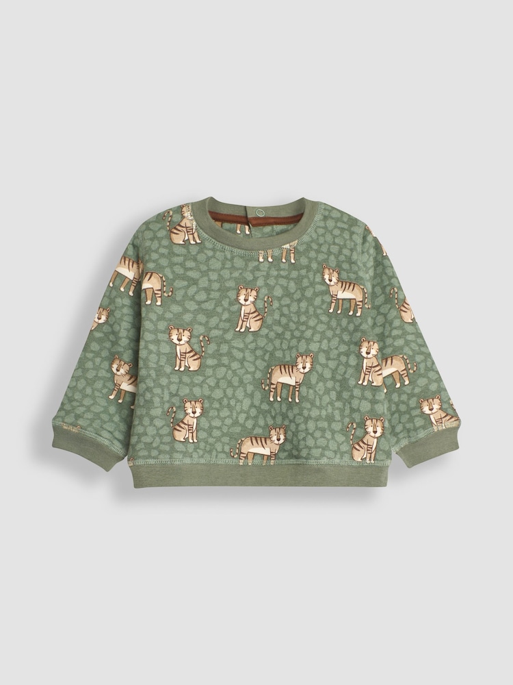 JoJo Maman Bébé Khaki Green Tiger Tiger Print Sweatshirt & Velour Cargo Jogger Set - Image 2 of 5
