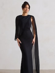 Club L London Black Haze High-Neck Maxi Dress With Chiffon Cape - Image 1 of 4