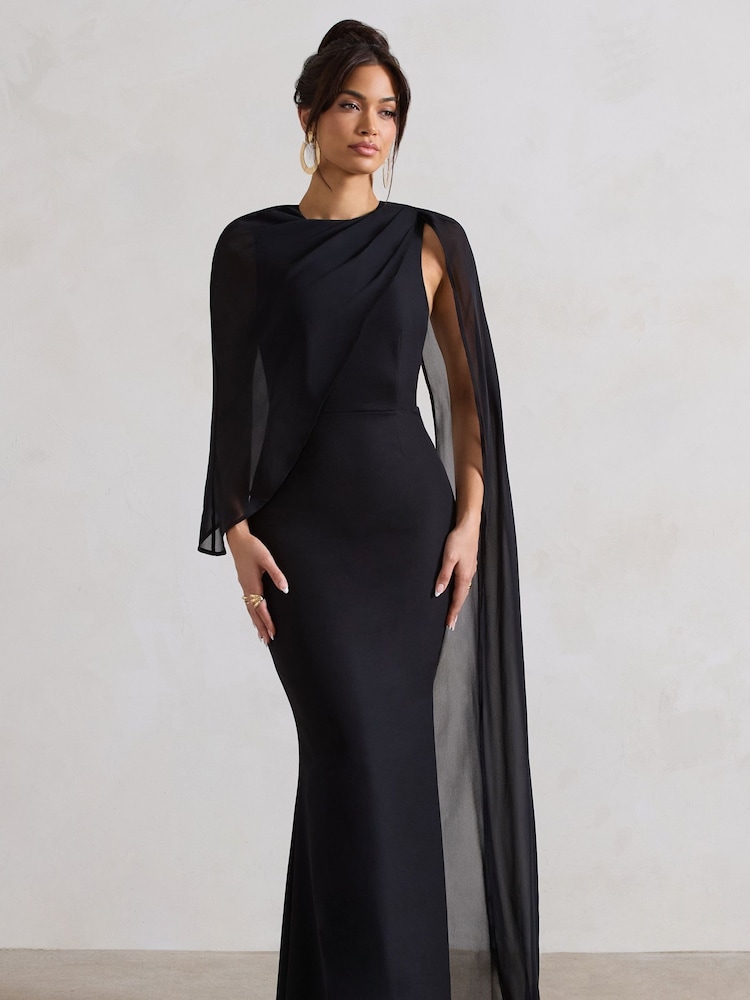 Club L London Black Haze High-Neck Maxi Dress With Chiffon Cape - Image 1 of 4
