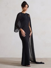 Club L London Black Haze High-Neck Maxi Dress With Chiffon Cape - Image 2 of 4