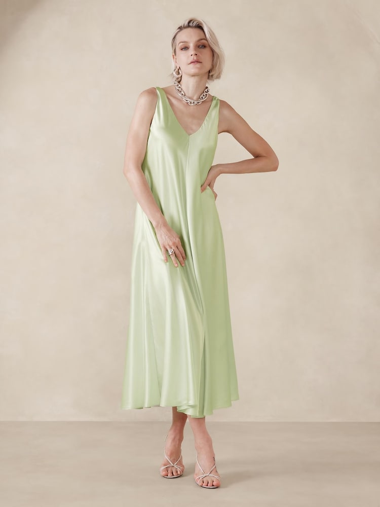 Banana Republic Green V-Neck Silk Midi Dress - Image 1 of 1