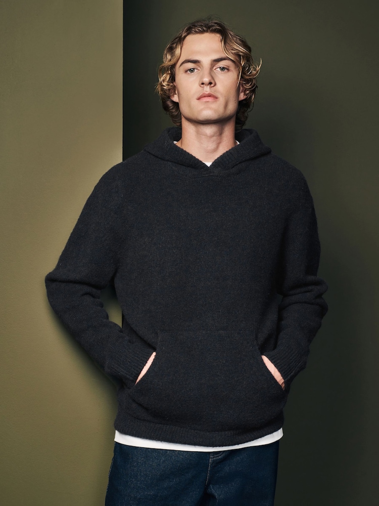 Black Hoodie Relaxed Fit Premium Soft Touch Knitted Hoodie - Image 1 of 7