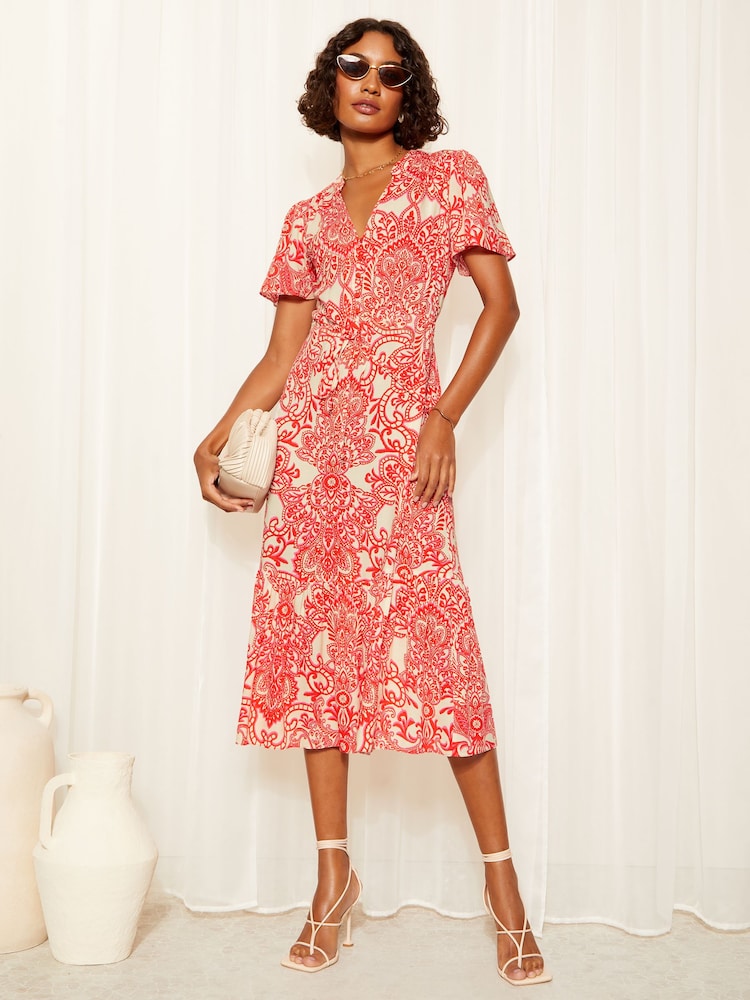 Friends Like These Red Button Through Puff Sleeve Midi Dress - Image 1 of 4 Friends Like These Red Button Through Puff Sleeve Midi Dress - Image 1 of 4