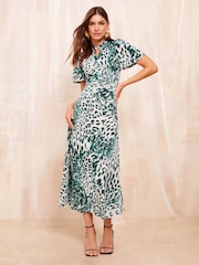 Friends Like These Green Animal Print ITY Keyhole Flutter Shortss Sleeve Printed Midi Dress - Image 1 of 4