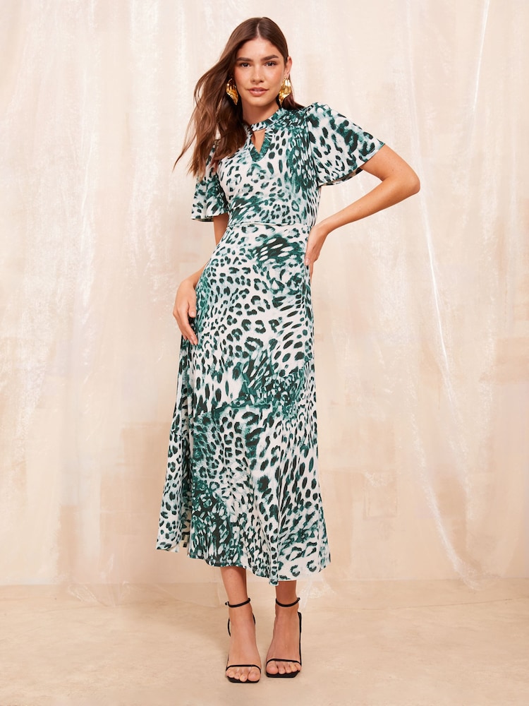 Friends Like These Green Animal Print ITY Keyhole Flutter Shortss Sleeve Printed Midi Dress - Image 1 of 4