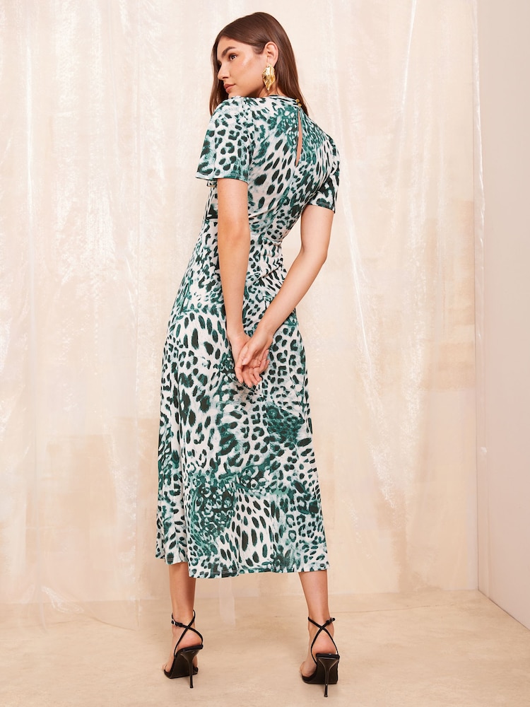 Friends Like These Green Animal Print ITY Keyhole Flutter Shortss Sleeve Printed Midi Dress - Image 4 of 4