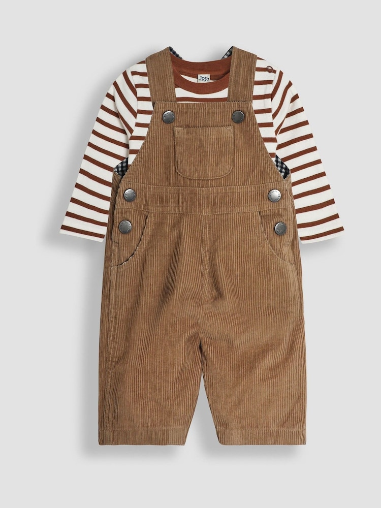 JoJo Maman Bébé Stone 2-Piece Classic Cord Dungarees & Stripe Top Set - Image 1 of 6