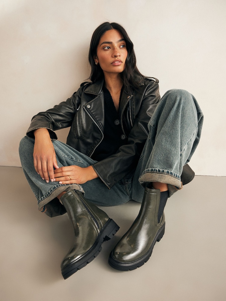 Khaki Green Standard/Wide Fit Forever Comfort® Patent Chelsea Boots - Image 1 of 8