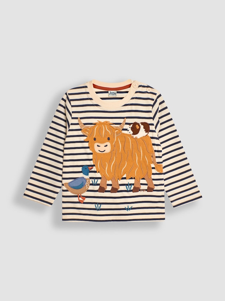 JoJo Maman Bébé Ecru Navy Stripe Highland Cow Appliqué Top - Image 1 of 3