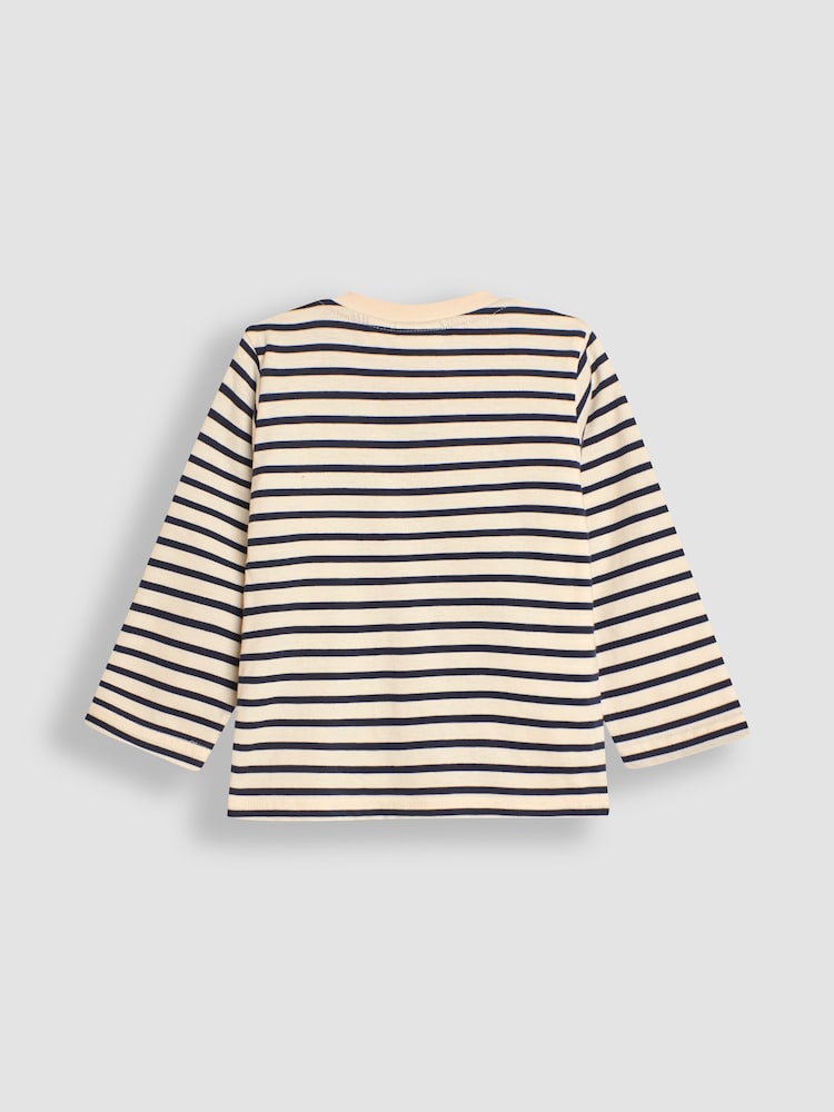 Ecru Navy Stripe Highland Cow - Jojo Maman Bébé – Langarm-Oberteil mit Knöpfen an der Schulter und Streifenapplikation - Bild 2 von 3 Ecru Navy Stripe Highland Cow - Jojo Maman Bébé – Langarm-Oberteil mit Knöpfen an der Schulter und Streifenapplikation - Bild 2 von 3