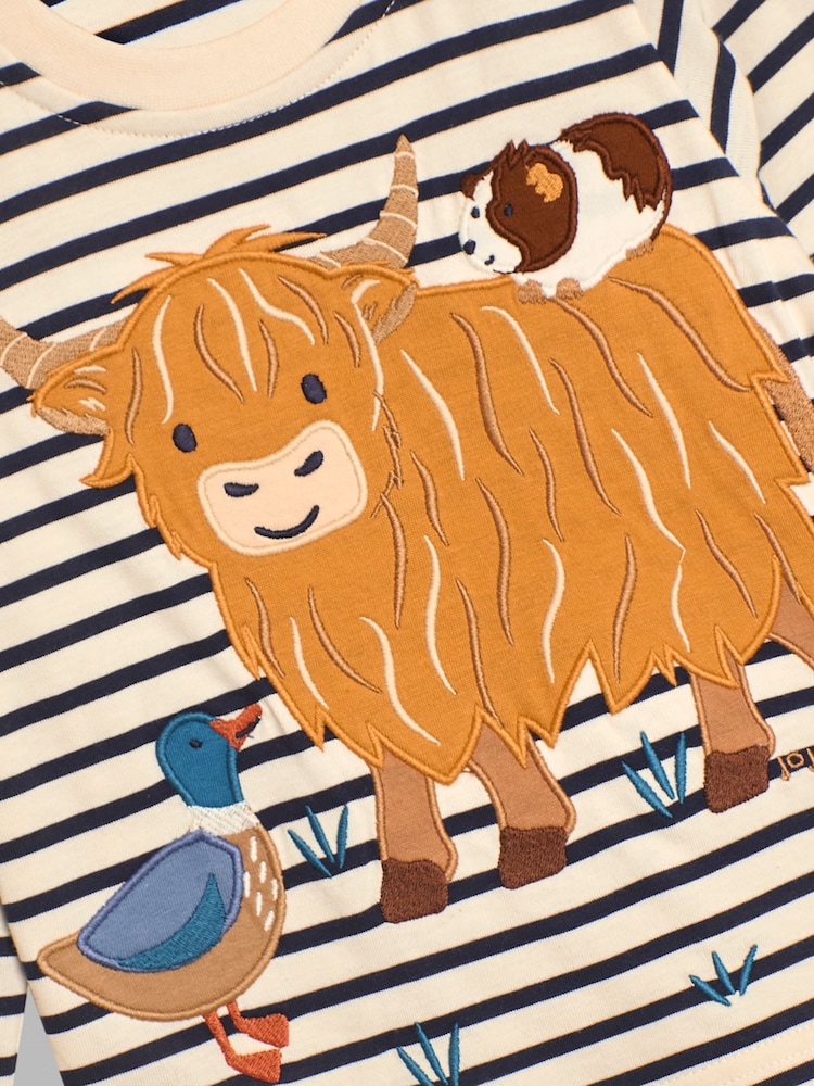 JoJo Maman Bébé Ecru Navy Stripe Highland Cow Appliqué Top - Image 3 of 3