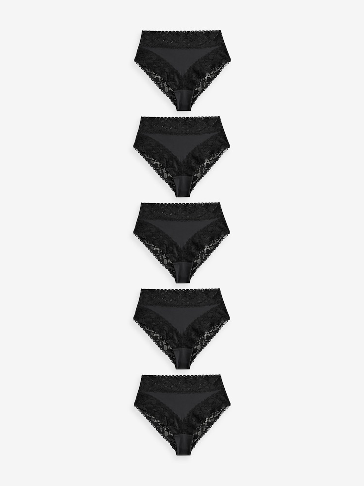 Black High Rise High Leg Floral Print Lace Knickers 5 Pack - Image 1 of 7