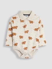 JoJo Maman Bébé Beige Brown Highland Cow Printed Polo Shirt Bodysuit - Image 1 of 3