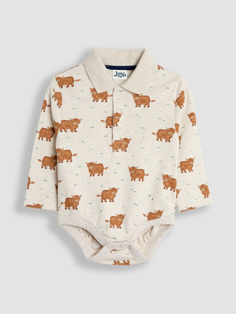 JoJo Maman Bébé Beige Brown Highland Cow Printed Polo Shirt Bodysuit - Image 1 of 3