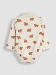 JoJo Maman Bébé Beige Brown Highland Cow Printed Polo Shirt Bodysuit - Image 2 of 3