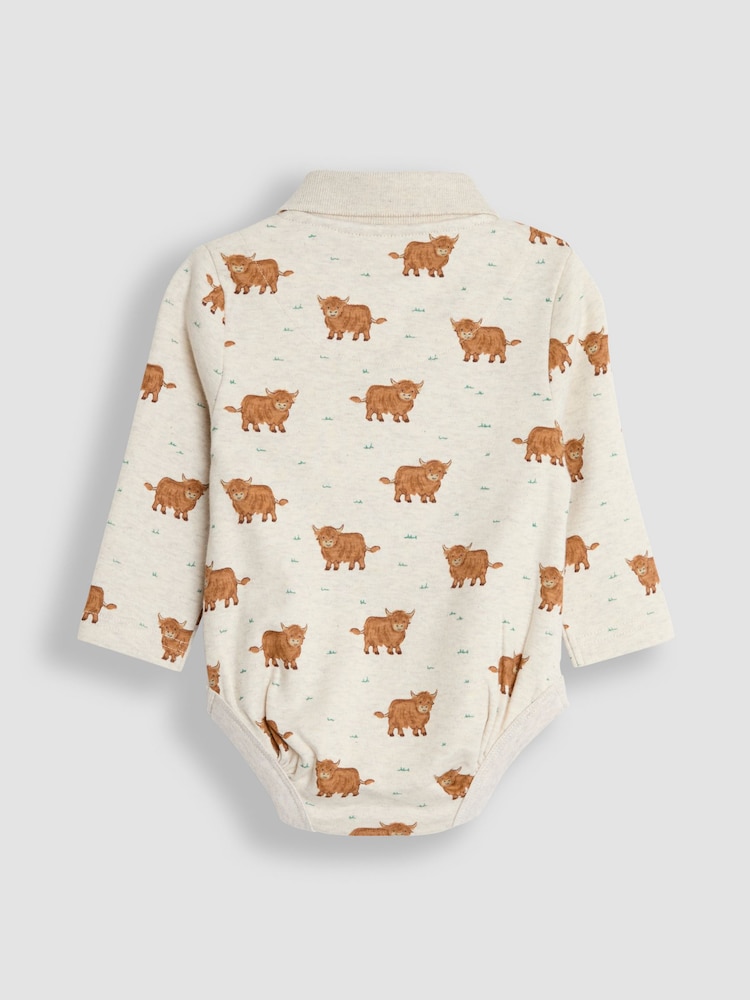 JoJo Maman Bébé Beige Brown Highland Cow Printed Polo Shirt Bodysuit - Image 2 of 3