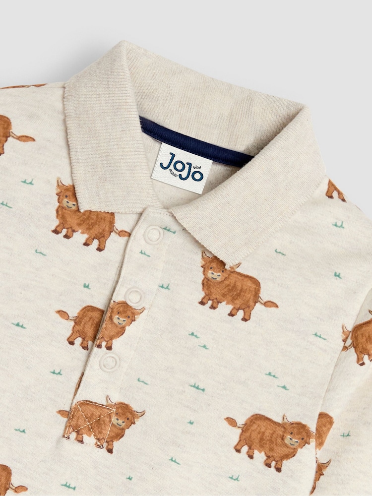 JoJo Maman Bébé Beige Brown Highland Cow Printed Polo Shirt Bodysuit - Image 3 of 3