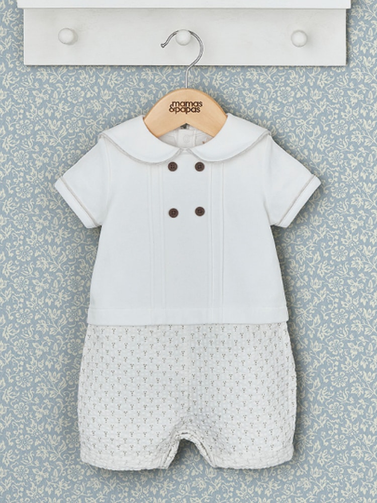 Mamas & Papas Cream Laura Ashley Nutmeg Print Mock 100% Cotton Shortie Romper - Image 1 of 3