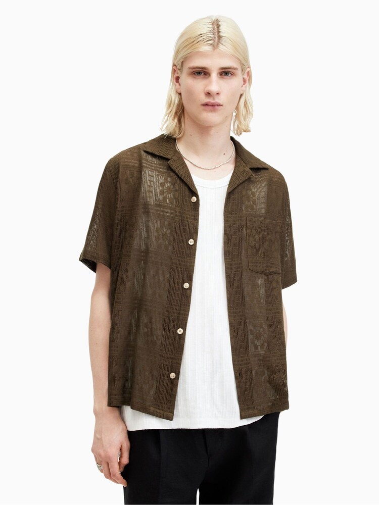 AllSaints Brown Caleta Short Sleeve Shirt - Image 1 of 8 AllSaints Brown Caleta Short Sleeve Shirt - Image 1 of 8